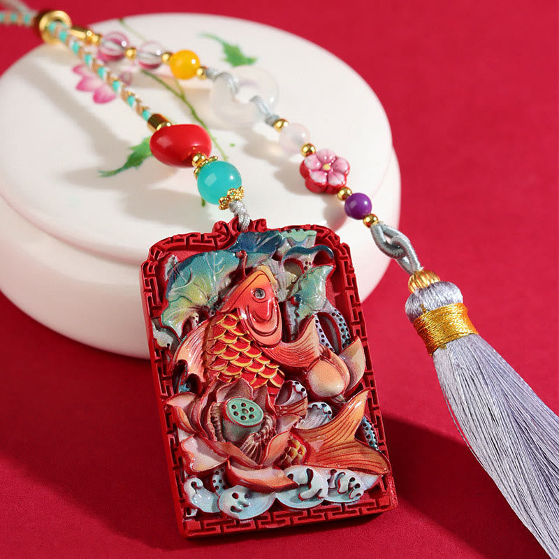 Natural Cinnabar Koi Fish Lotus Zen Car Hanging Decoration