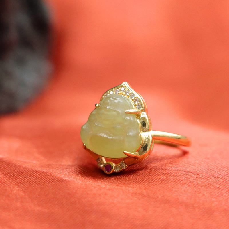 Bague Bouddha rieur en jade Hetian de 8 mm pour la chance et la prospérité