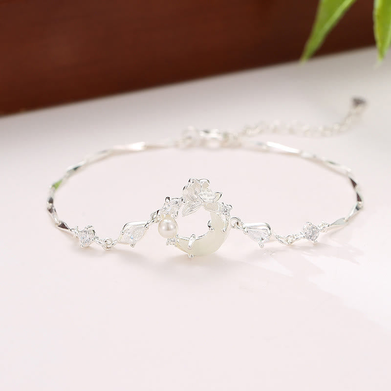 Hetian Jade Sterling Silver Lotus Bracelet 14-18cm Peace Symbol