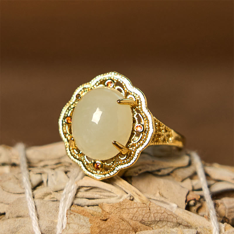 Bague porte-bonheur ouverte en cuivre et jade Hetian vintage 10 x 12 mm