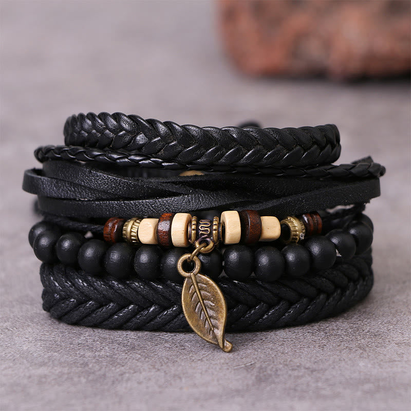 Leather Resin Beads Courage Bracelet Set | Spiritual Protection