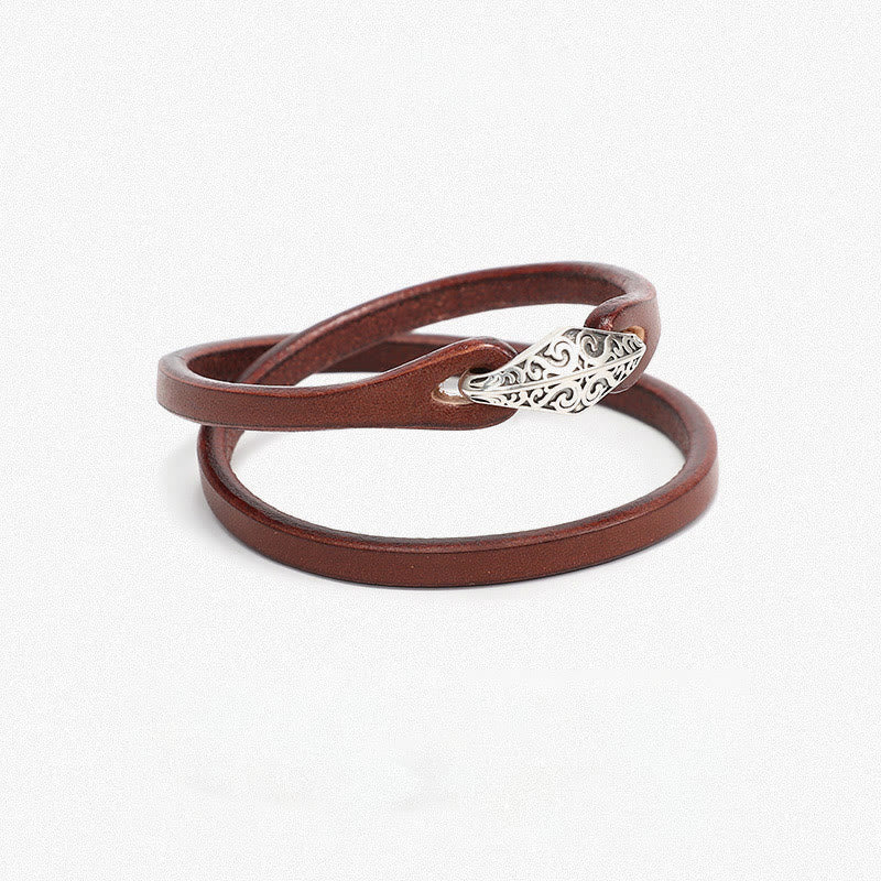 Unisex Leather Multi-turn Protection Bracelet with Silver