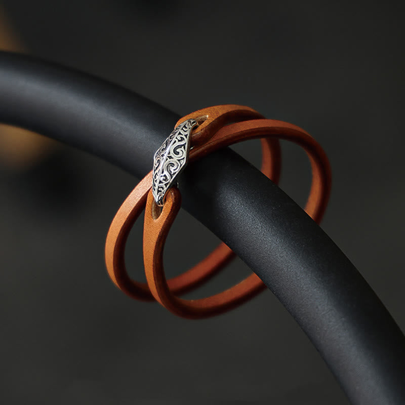 Unisex Leather Multi-turn Protection Bracelet with Silver