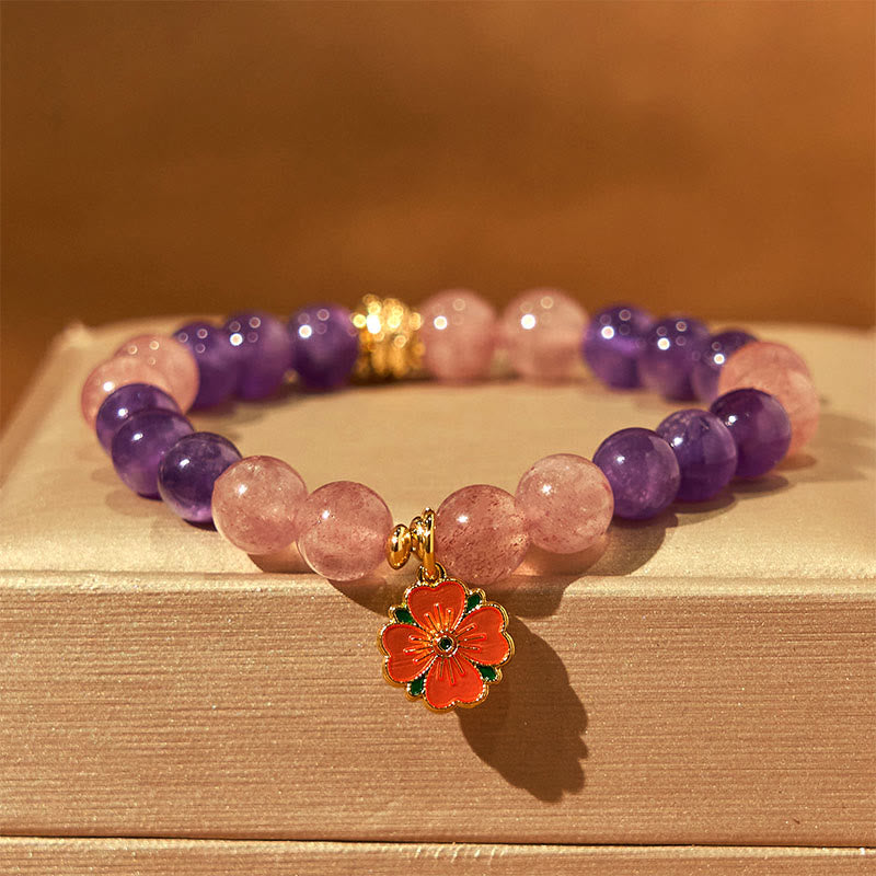 Bracelet de guérison à breloques en forme de fleur de quartz fraise et améthyste de 8 mm