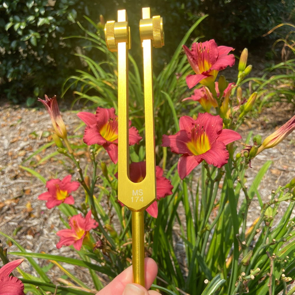 Golden 174 Hz Solfeggio Tuning Fork with Crystal and Striker Bag, parallel prongs