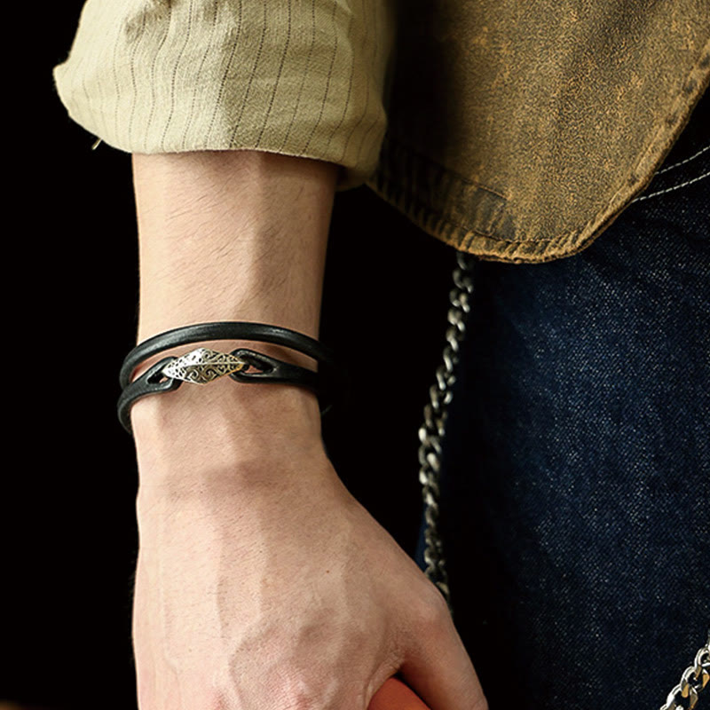 Unisex Leather Multi-turn Protection Bracelet with Silver