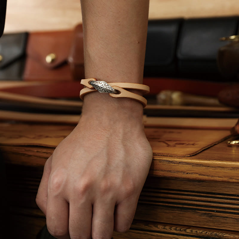 Unisex Leather Multi-turn Protection Bracelet with Silver
