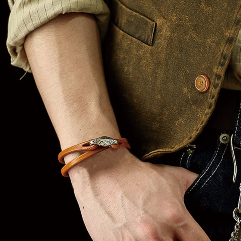 Unisex Leather Multi-turn Protection Bracelet with Silver