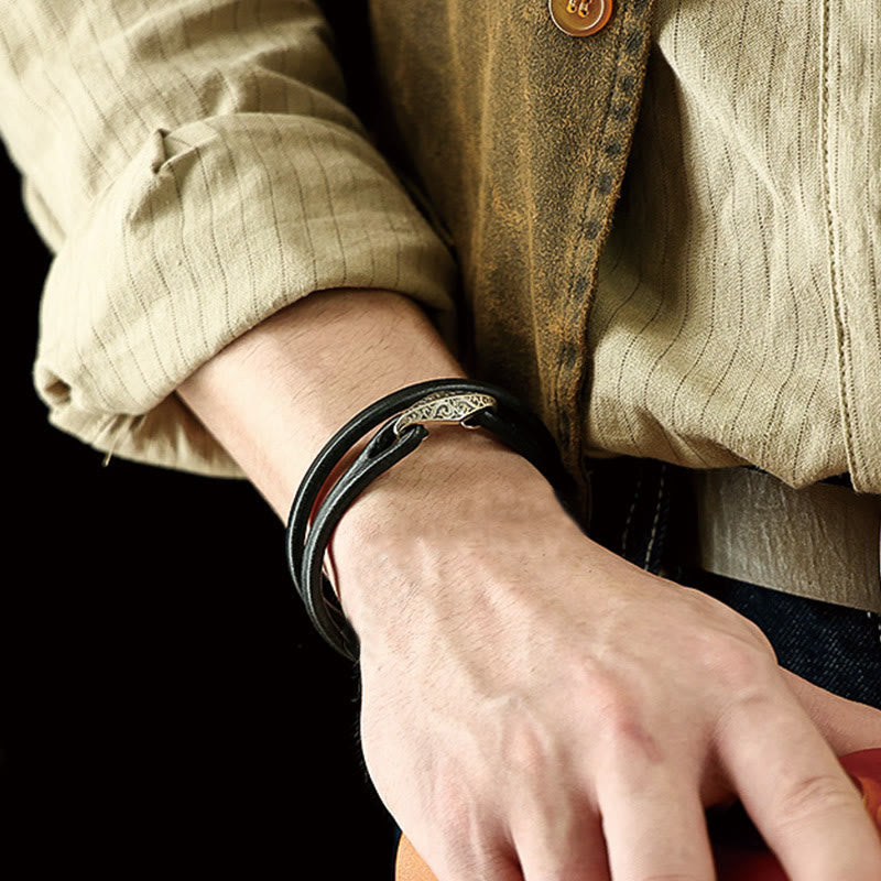 Unisex Leather Multi-turn Protection Bracelet with Silver