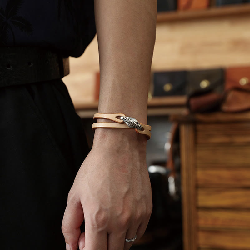 Unisex Leather Multi-turn Protection Bracelet with Silver