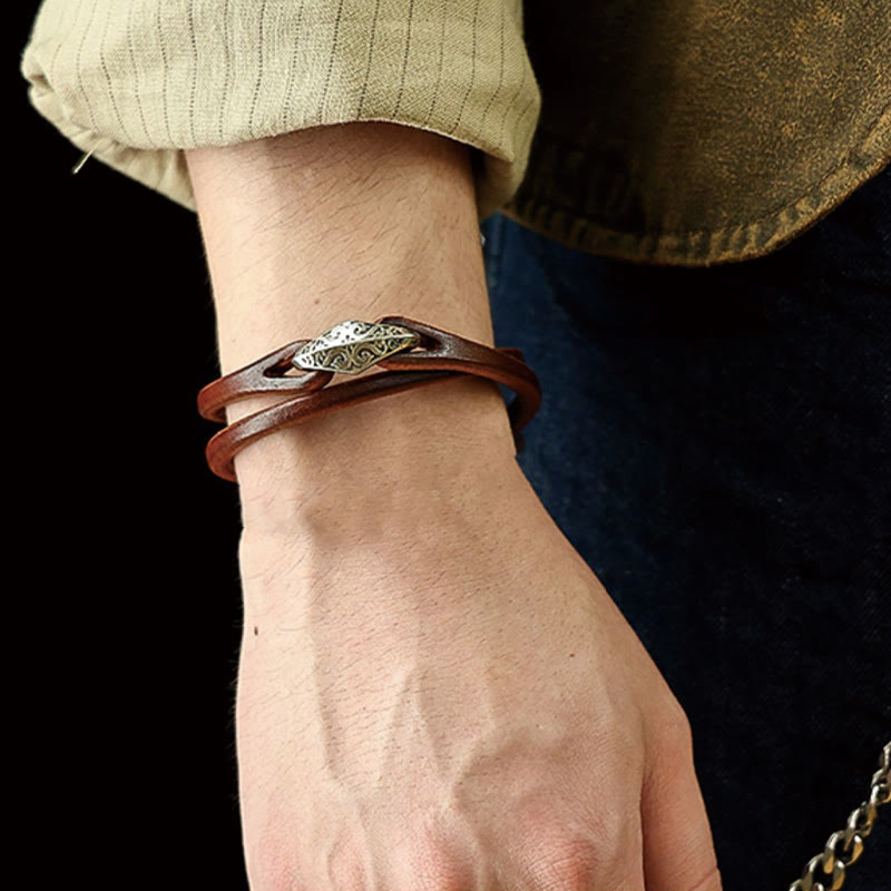 Unisex Leather Multi-turn Protection Bracelet with Silver
