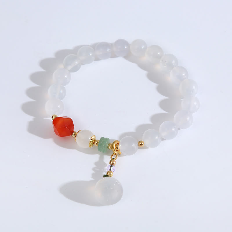 Bracelet porte-bonheur en agate blanche et agate rouge de 8 mm avec breloque en forme de gousse de lotus
