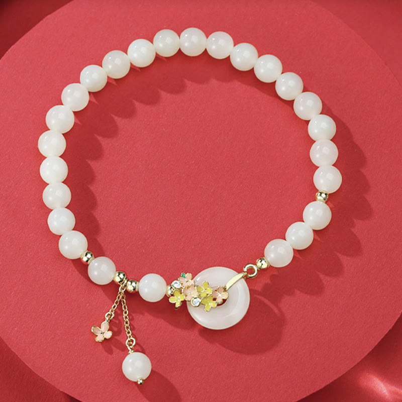 Hetian Jade Peace Buckle Bracelet & Necklace with Osmanthus Flowers