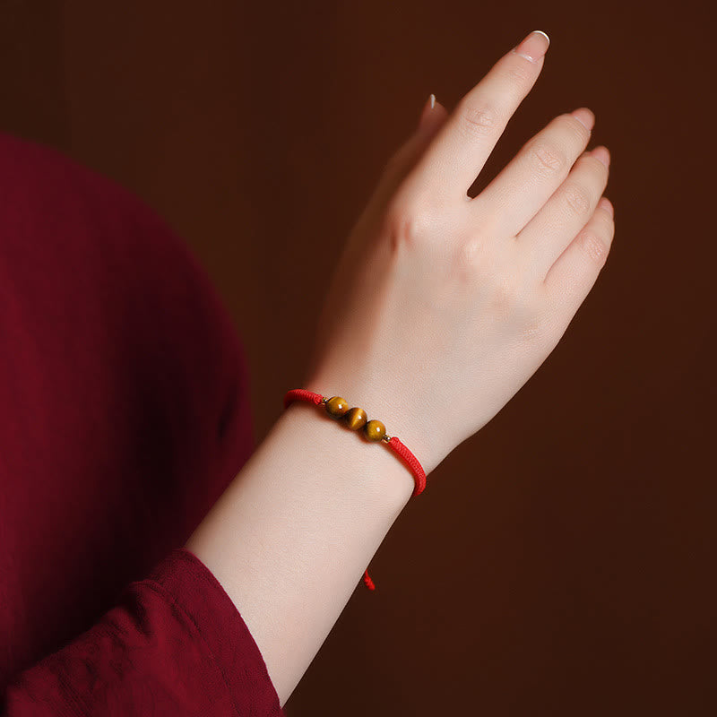 Bracelet de protection œil de tigre à trois perles de 8 mm avec corde rouge ou noire