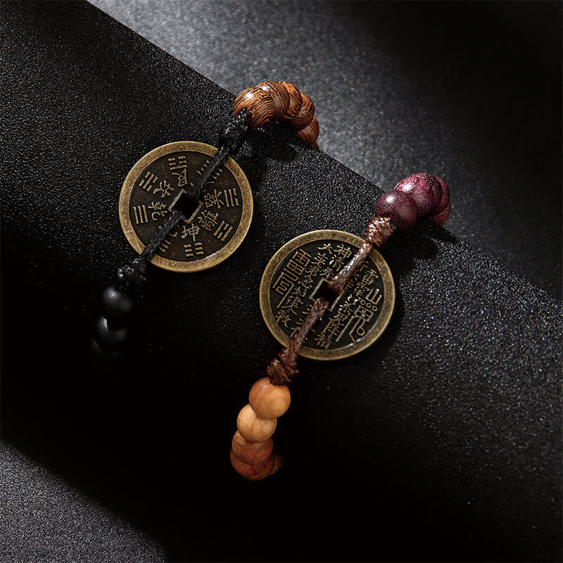 Bracelet de protection en bois d'ébène et pièces de cuivre Bagua