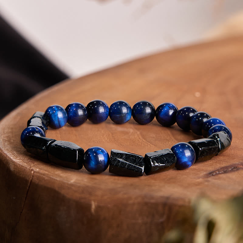 Bracelet de force en œil de tigre bleu et tourmaline noire