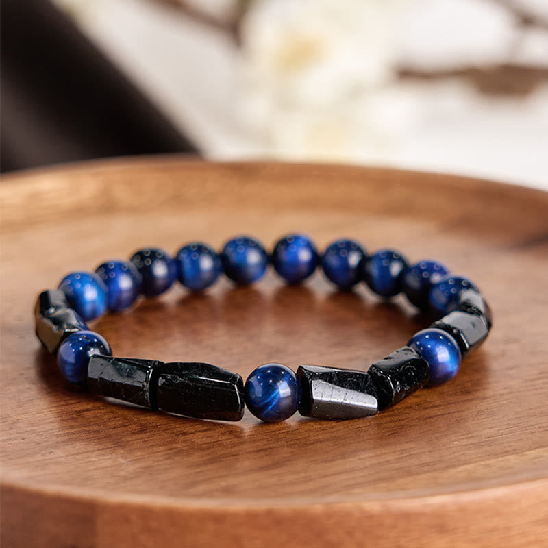 Bracelet de force en œil de tigre bleu et tourmaline noire