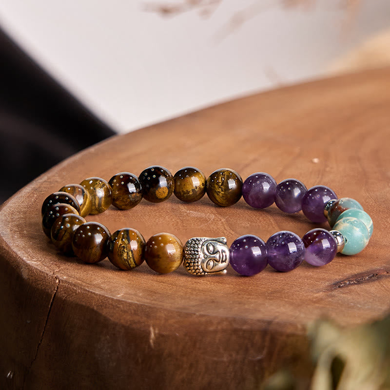 8mm Buddha Head Protection Bracelet with Mixed Gemstones