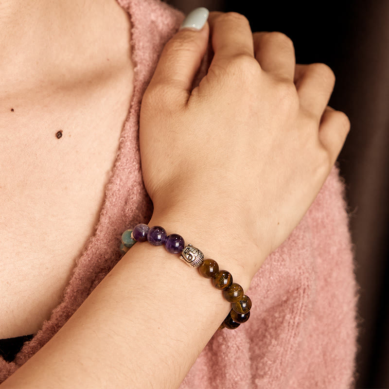 8mm Buddha Head Protection Bracelet with Mixed Gemstones
