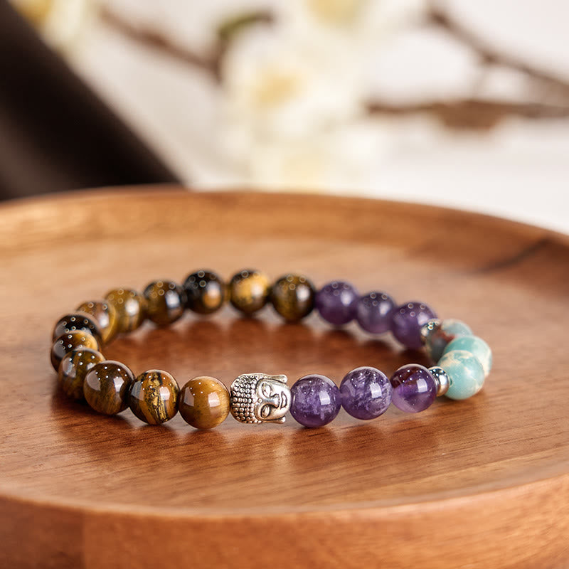 8mm Buddha Head Protection Bracelet with Mixed Gemstones