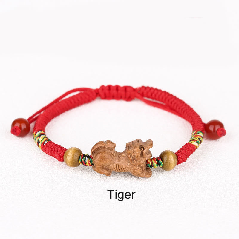Chinese Zodiac Luck Bracelet with Red String and Peach Wood