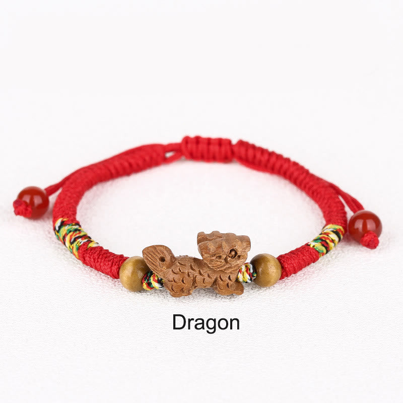 Chinese Zodiac Luck Bracelet with Red String and Peach Wood