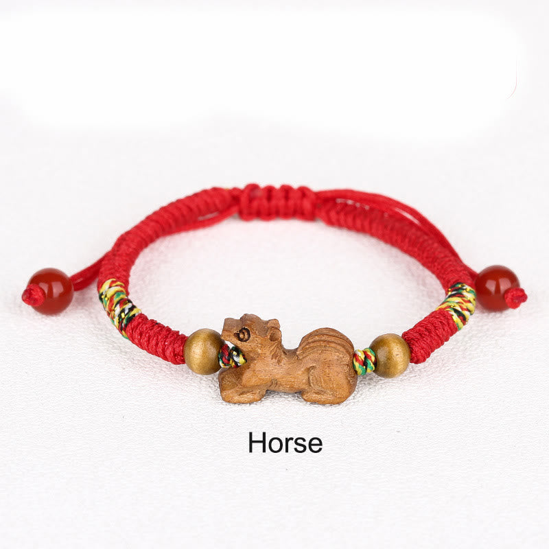 Chinese Zodiac Luck Bracelet with Red String and Peach Wood