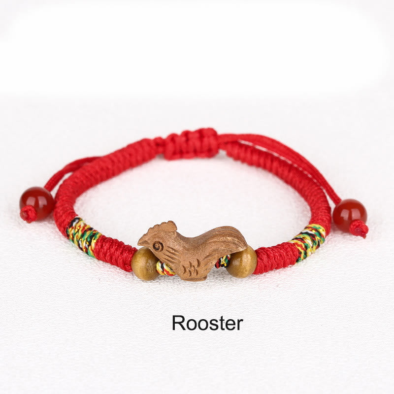 Chinese Zodiac Luck Bracelet with Red String and Peach Wood