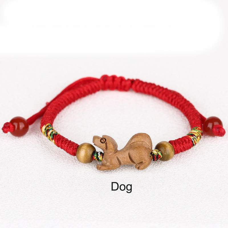 Chinese Zodiac Luck Bracelet with Red String and Peach Wood