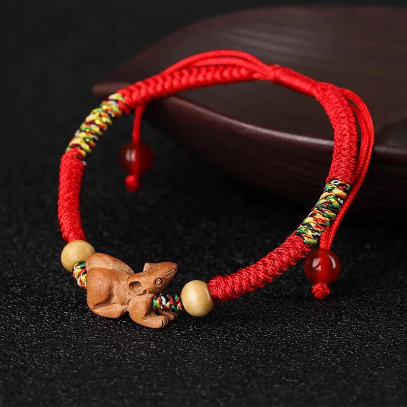 Chinese Zodiac Luck Bracelet with Red String and Peach Wood