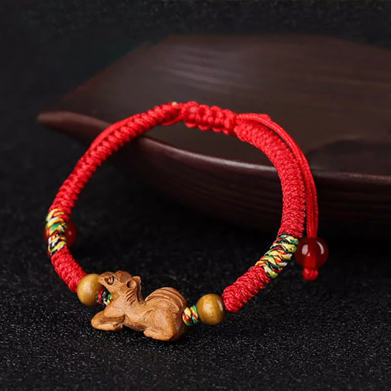 Chinese Zodiac Luck Bracelet with Red String and Peach Wood