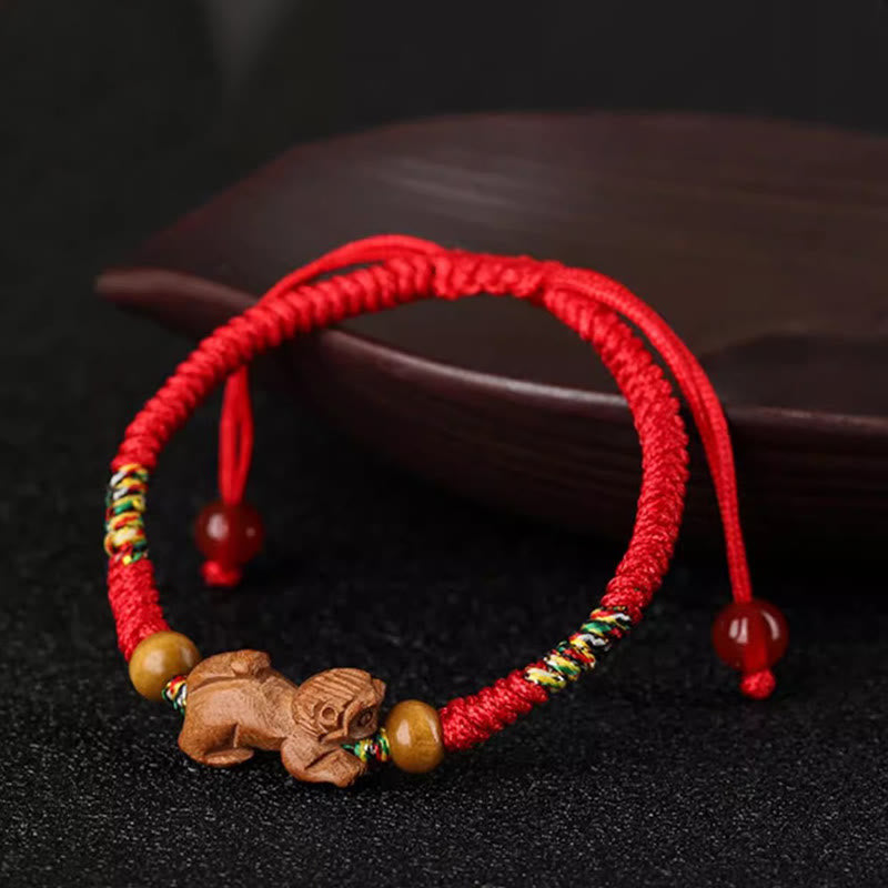 Chinese Zodiac Luck Bracelet with Red String and Peach Wood