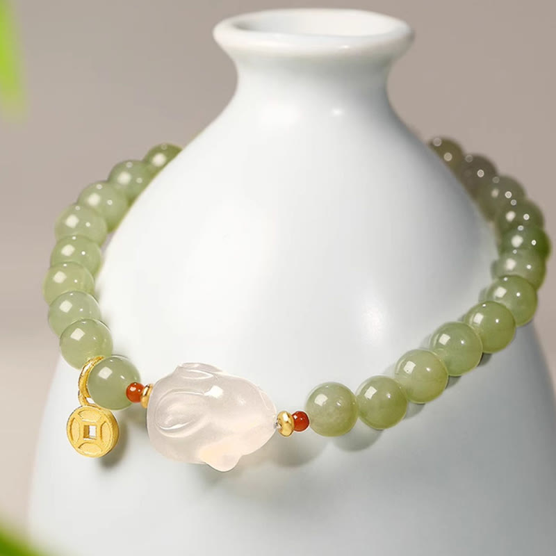 6mm Hetian Jade Rabbit Copper Coin Bracelet for Luck and Prosperity