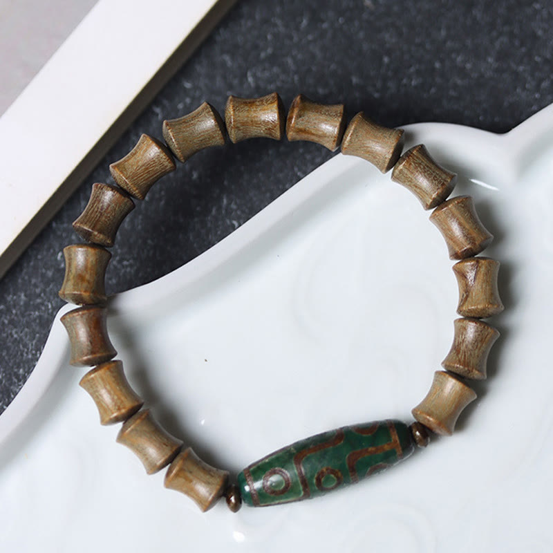 Nine-Eye Dzi Bead Green Sandalwood Spiritual Bracelet 14-16cm