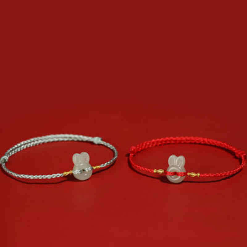Bracelet porte-bonheur en jade Hetian avec breloque lapin mignon et cordon rouge