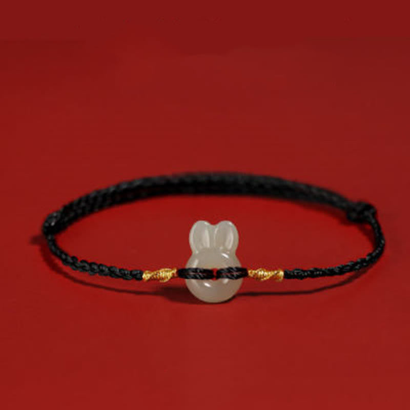Bracelet porte-bonheur en jade Hetian avec breloque lapin mignon et cordon rouge
