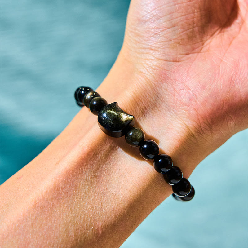 Gold Sheen Obsidian Lucky Cat Protection Bracelet