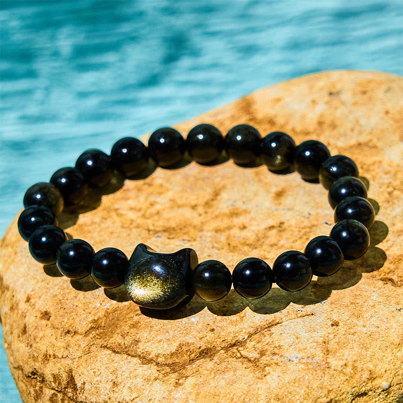 Gold Sheen Obsidian Lucky Cat Protection Bracelet