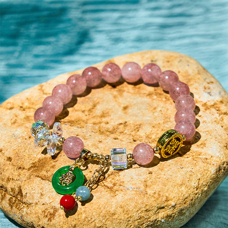 Bracelet de guérison à breloques Fu en jade et quartz fraise de 8 mm