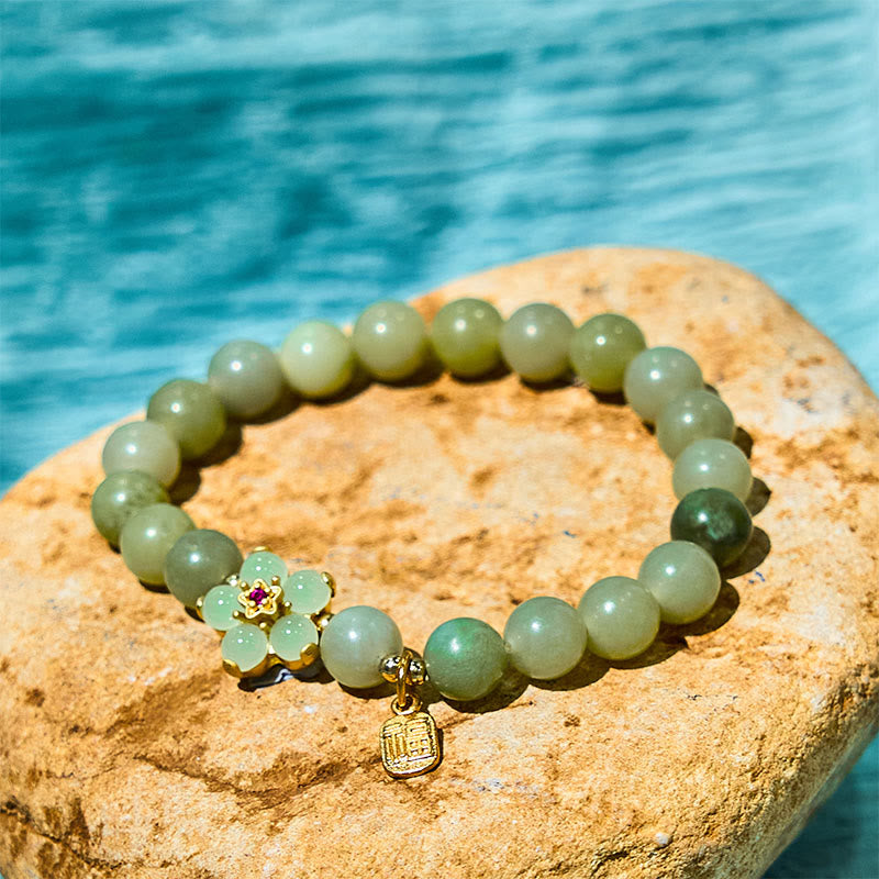 Bracelet porte-bonheur en jade vert avec breloque Fu 14-16 cm