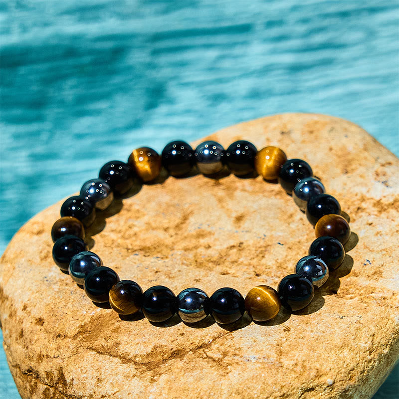 Men's 8mm Tiger Eye Obsidian Hematite Bracelet for Protection