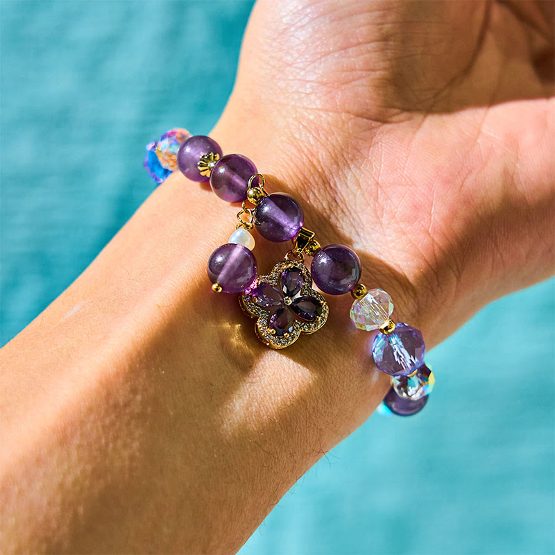 Bracelet de transformation positive avec breloque fleur en perle d'améthyste naturelle