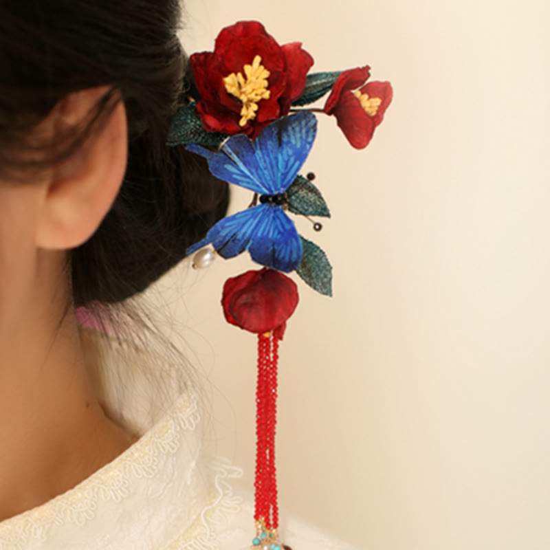 Épingle à cheveux chinoise | Motif fleur rouge et papillon bleu