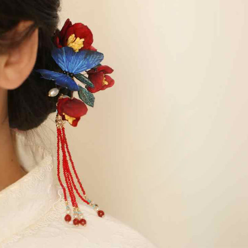 Épingle à cheveux chinoise | Motif fleur rouge et papillon bleu