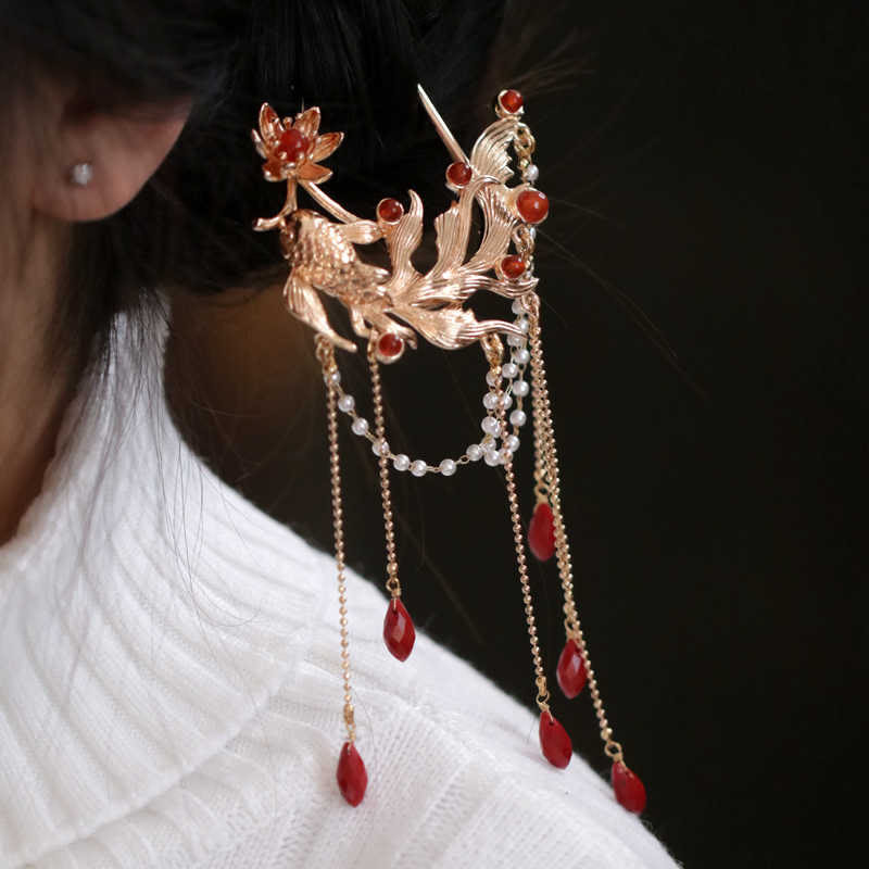 Koi Fish Red Agate Hairpin and Hair Comb Gold Plated Copper