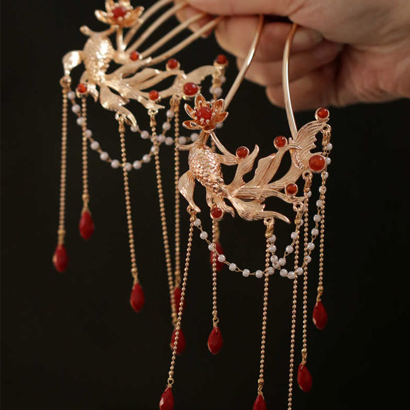 Koi Fish Red Agate Hairpin and Hair Comb Gold Plated Copper