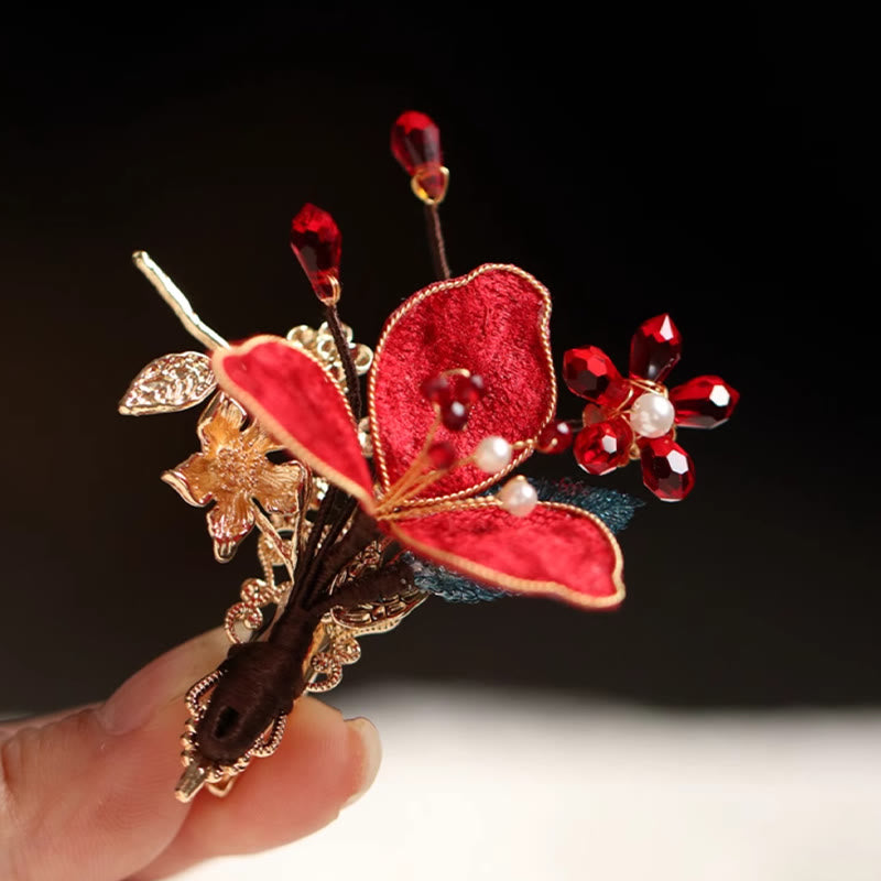 Peigne à cheveux chinois à pompon et fleur rouge en forme de papillon