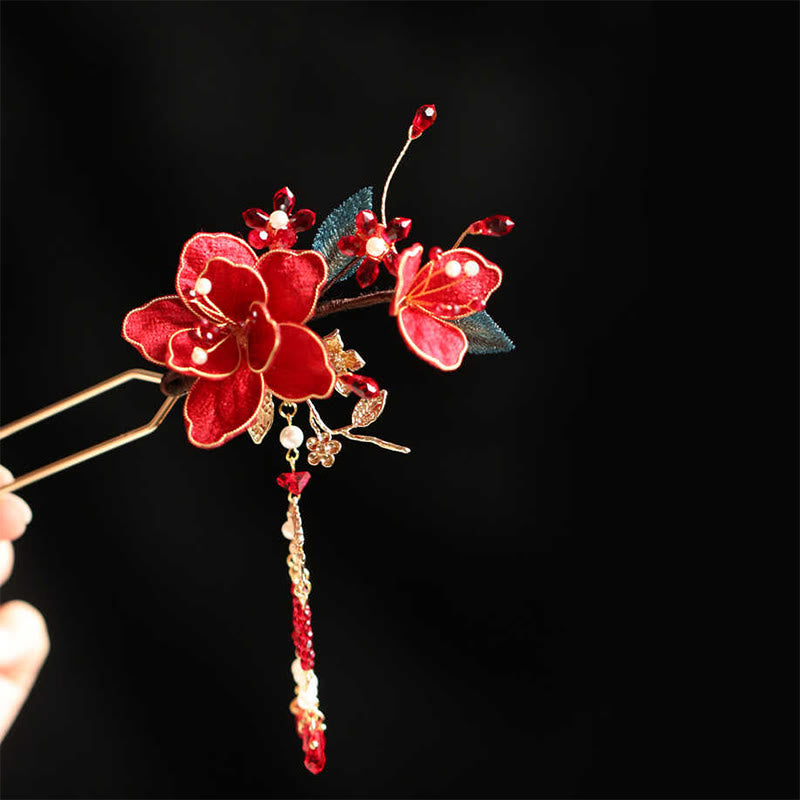 Peigne à cheveux chinois à pompon et fleur rouge en forme de papillon