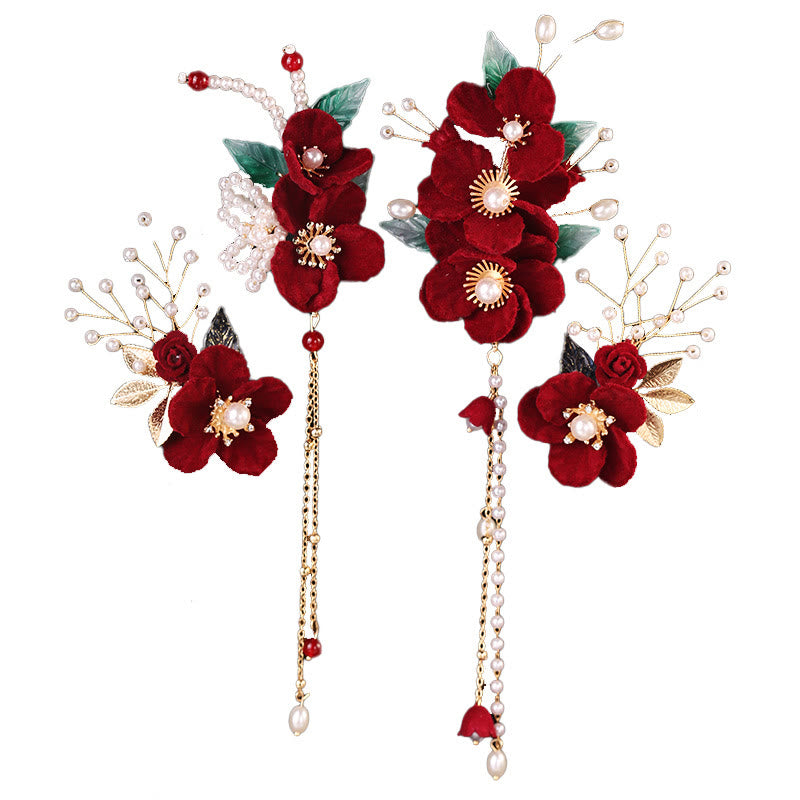 Ensemble d'épingles à cheveux chinoises à pompons et fleurs rouges antiques