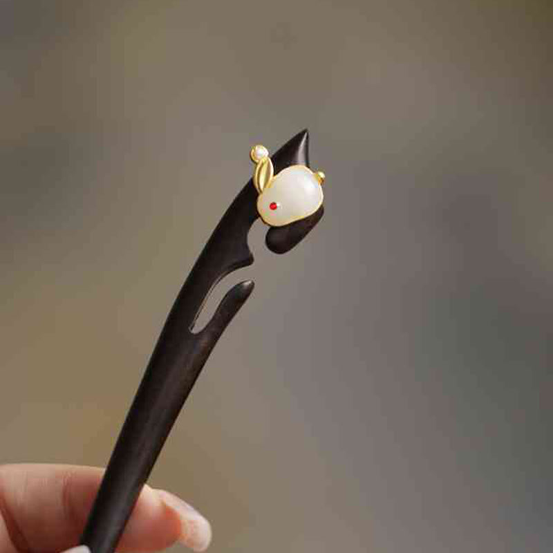 Épingle à cheveux lapin en bois de santal | Épingle à cheveux chinoise nuage de bon augure